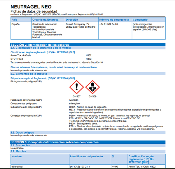 FDS Ficha datos seguridad glicol MEG Neutragel Neo